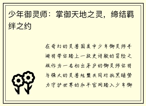 少年御灵师：掌御天地之灵，缔结羁绊之约
